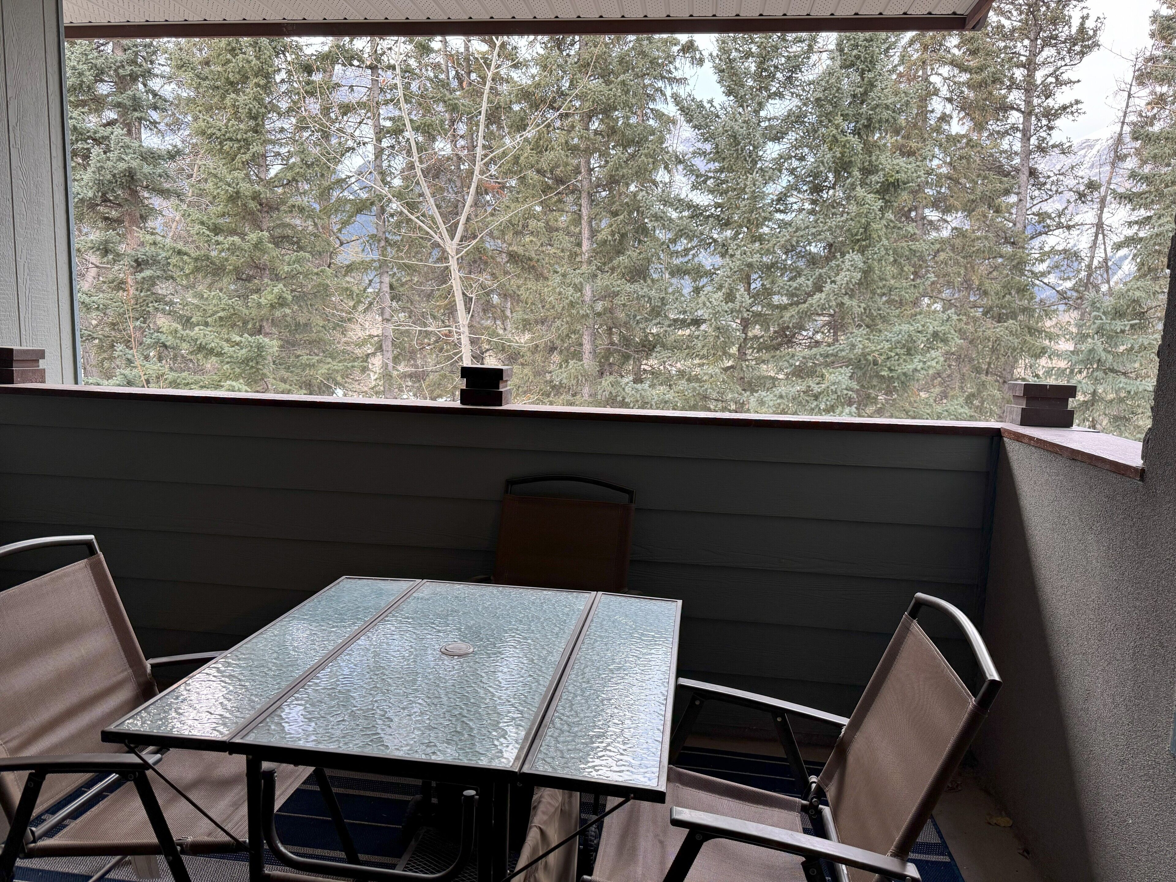 Un espace extérieur abrité, avec une table et des chaises, donnant sur une zone boisée.