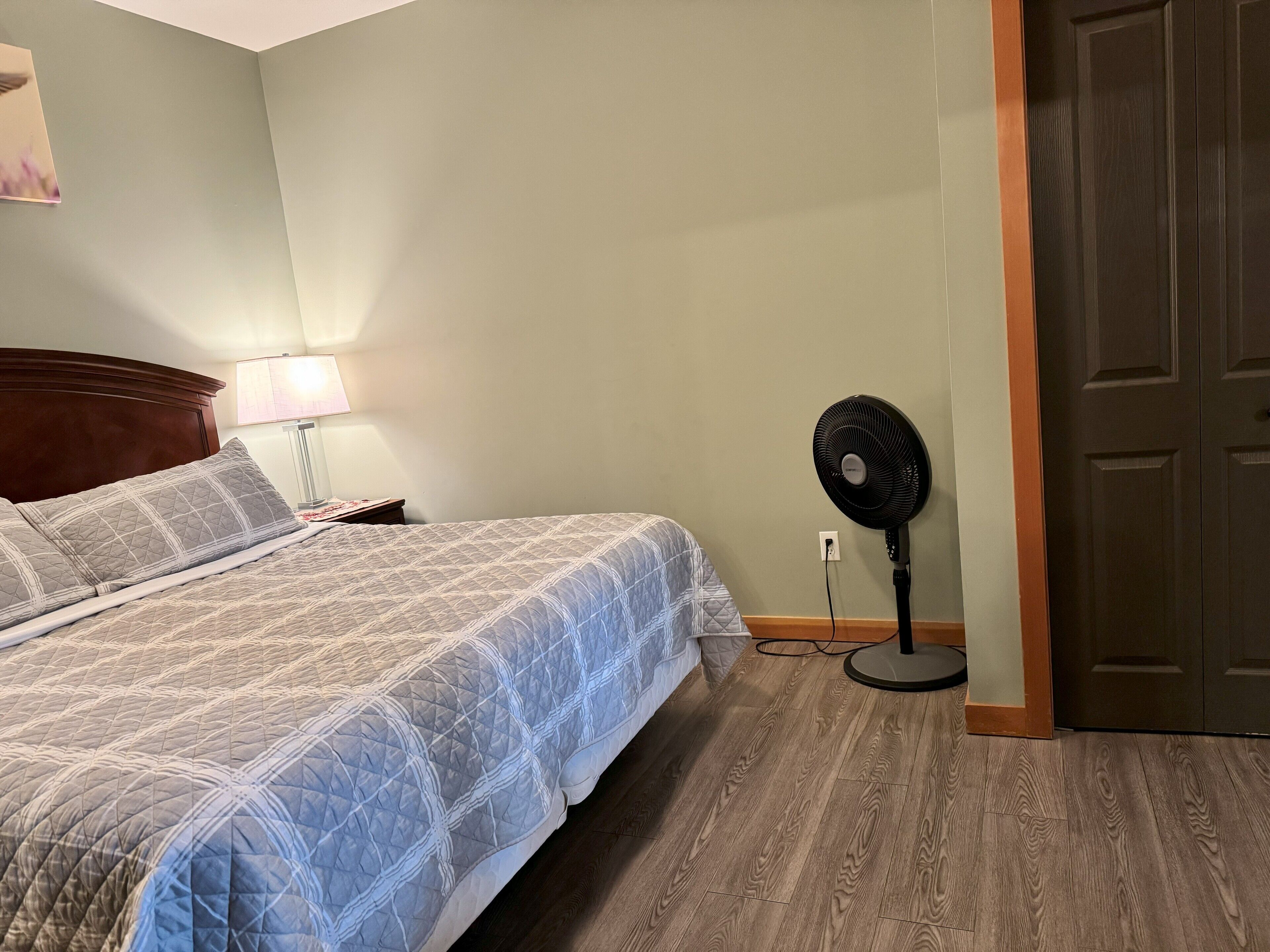 A bedroom with a bed, a bedside table, a lamp, a standing fan, and a door.