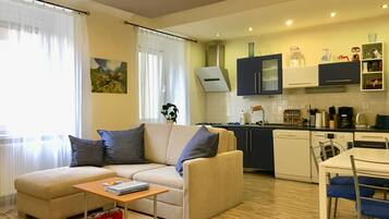 Smart TV, DVD player, books, video library