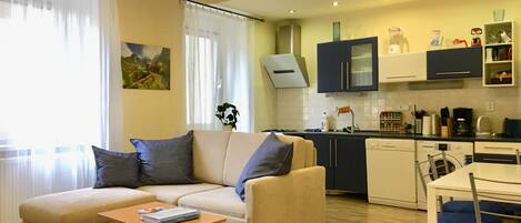 Smart TV, DVD player, books, video library