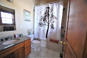 Combined shower/bathtub, jetted bath, hair dryer, towels