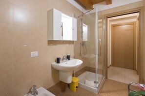 Combined shower/tub, hair dryer, bidet, towels