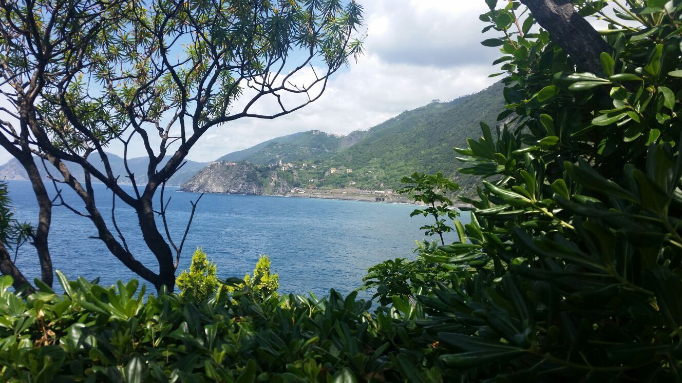 A coastal landscape with a clear view of the sea and a mountainous backdrop.