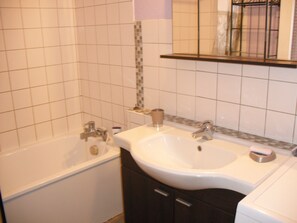 Combined shower/bathtub, hair dryer, towels, toilet paper