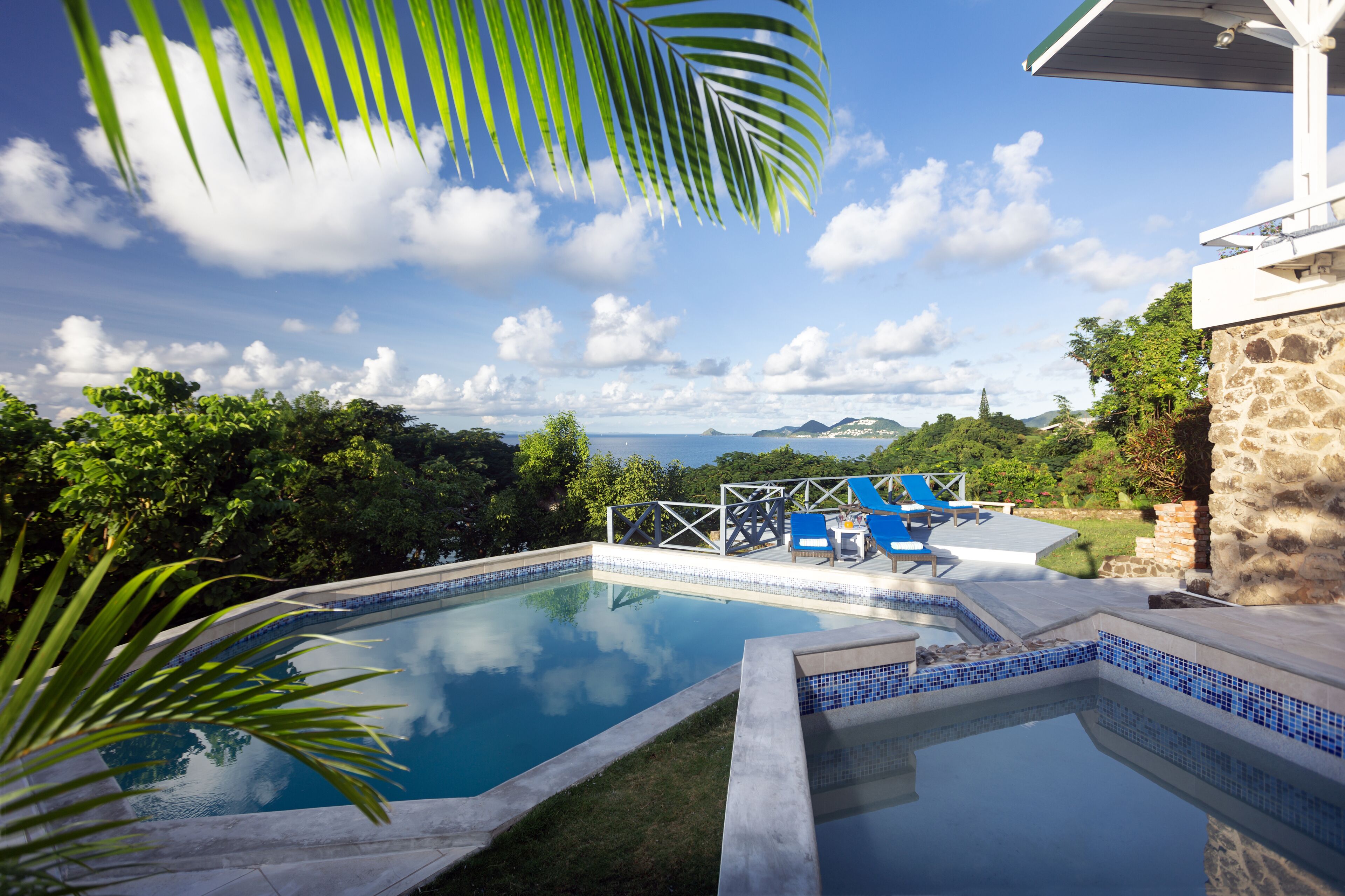 A swimming pool with blue-tiled edges, surrounded by greenery and a stone wall.