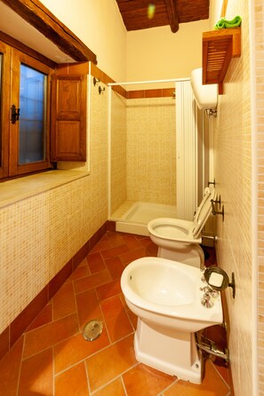 Douche, séchoir à cheveux, bidet, serviettes fournies