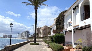 Eine Uferpromenade mit einer Palme, einer Laterne und einem Gebäude mit Balkonen.
