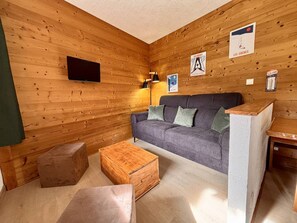 Interior acogedor de una cabaña con pared de madera, un sofá, un televisor y una pequeña mesa de madera.