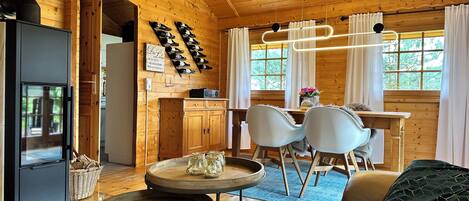 Télévision, cheminée, livres, chaîne hi-fi