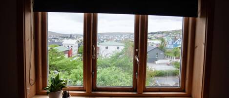 Uma janela com vista para uma cidade, um parapeito de madeira e duas plantas em vasos.