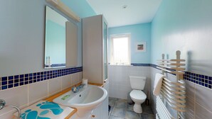 A bathroom with a sink, toilet, and a mirror.