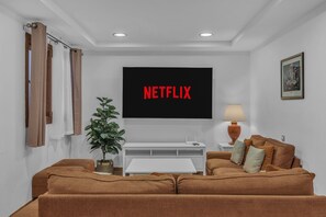 Télévision, cheminée, lecteur de DVD, table de tennis de table