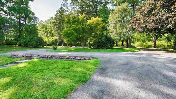 Un camino pavimentado que conduce a un césped con un parterre.