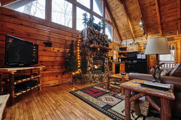 Smart TV, fireplace, video games, DVD player