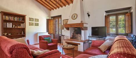 TV, fireplace