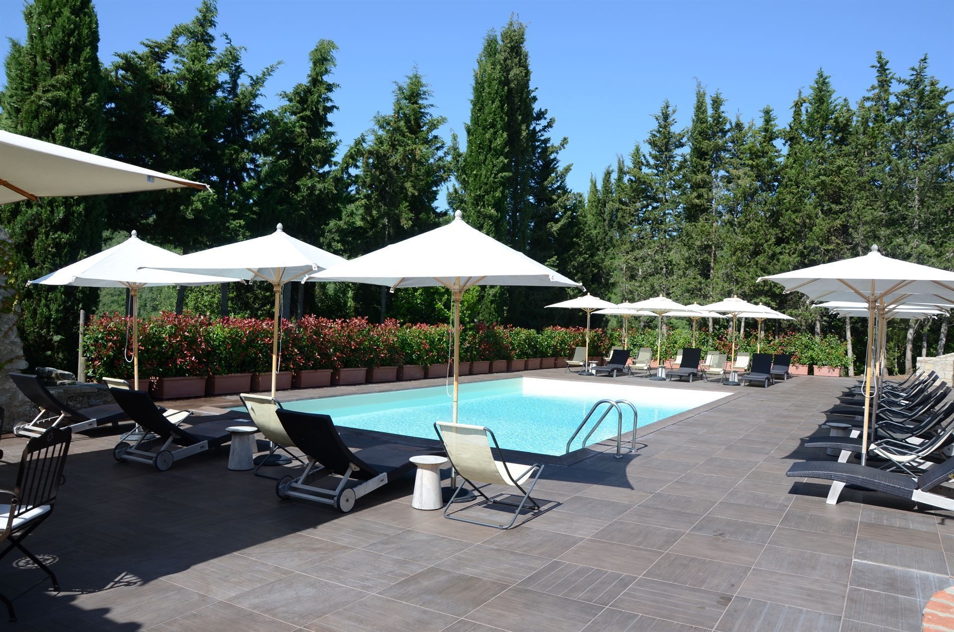 Un espace aménagé au bord de la piscine, avec des chaises longues et des parasols, entouré d’arbres.