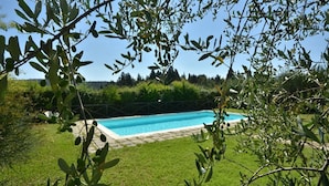 Ein rechteckiger Swimmingpool, umgeben von einer Rasenfläche mit Olivenbäumen im Vordergrund.