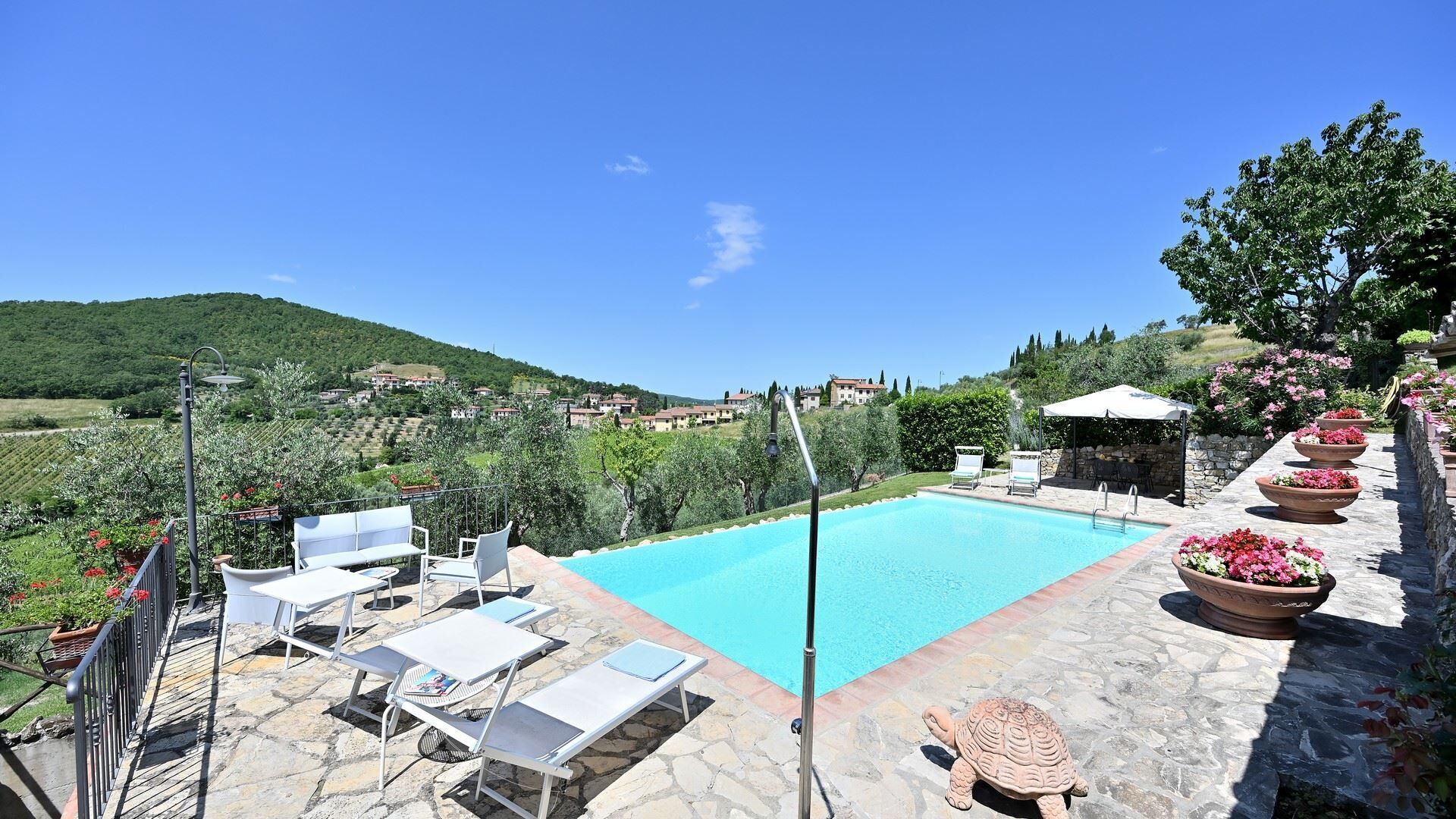 A swimming pool with lounge chairs and a stone deck, surrounded by potted plants and a view of a hillside village.