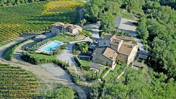 An aerial view of a vineyard with terraced fields, a swimming pool, and stone buildings.