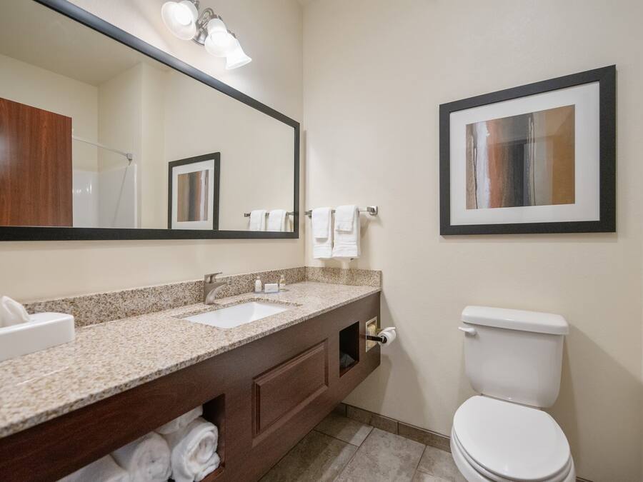 A bathroom with a sink, mirror, toilet, and framed artwork on the wall.
