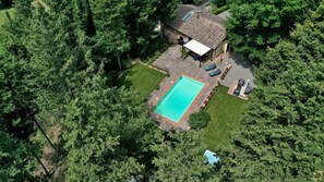 Oversigtsbillede af et hus med swimmingpool, omgivet af tæt bevoksning.