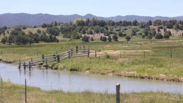 A rural landscape with a wooden bridge over a stream, surrounded by fields and distant mountains.