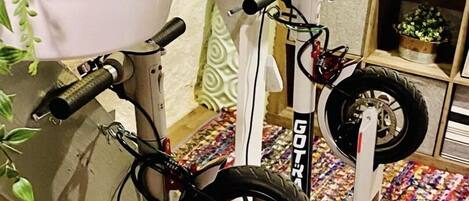 A room with a stationary exercise bike, a potted plant, and a shelf with decorative items.