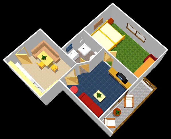 A 3D layout of a hotel room with a bed, a desk, a chair, a small table with a plant, a sofa, and a window.