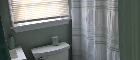 A bathroom with a toilet, sink, and window with blinds.