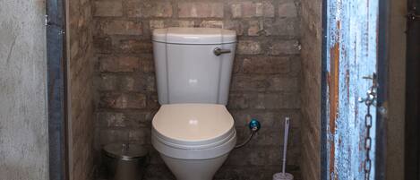 Een kleine, afgesloten badkamer met een toilet, een prullenbak en een toiletborstel.