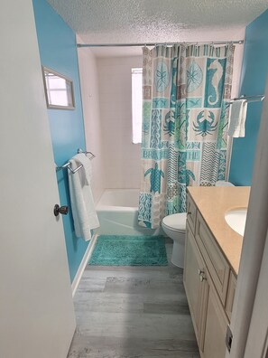 Bañera con ducha, secador de pelo, toallas, jabón