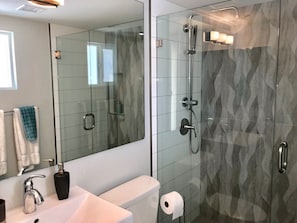 Hair dryer, towels, shampoo