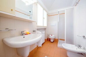 Shower, hair dryer, bidet, towels