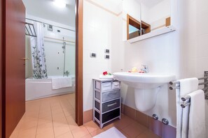 Combined shower/bathtub, hair dryer, bidet, towels