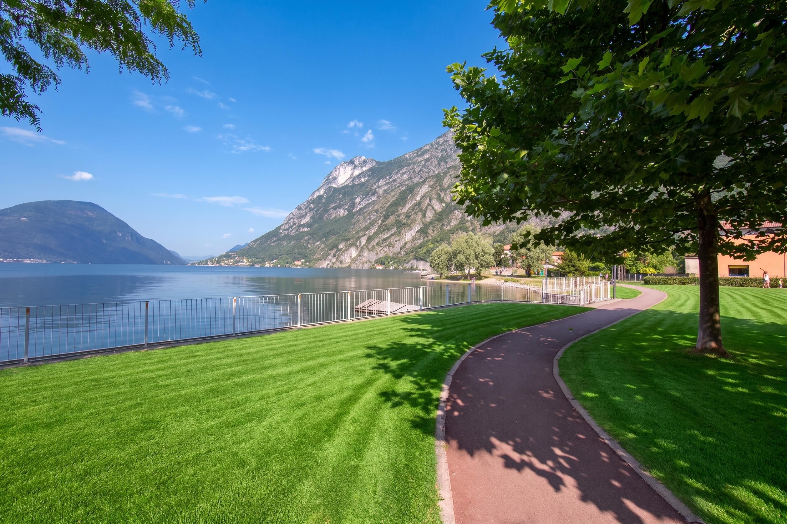 Un parc avec un sentier pavé, un lac et des montagnes en arrière-plan.