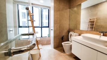 Hair dryer, towels, soap, shampoo