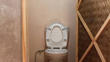 Hair dryer, towels, shampoo, toilet paper