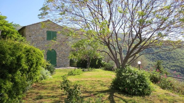 A stone building with a green door and windows, surrounded by lush greenery and a tree. - Rustico Vinsa, monolocale con giardino panoramico edificio separato (Chiusanico)