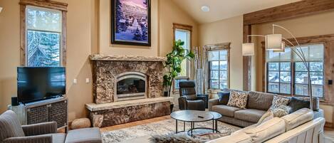 TV, fireplace, foosball, offices