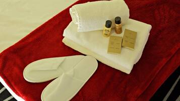 Regadera, secadora de cabello, toallas, jabón