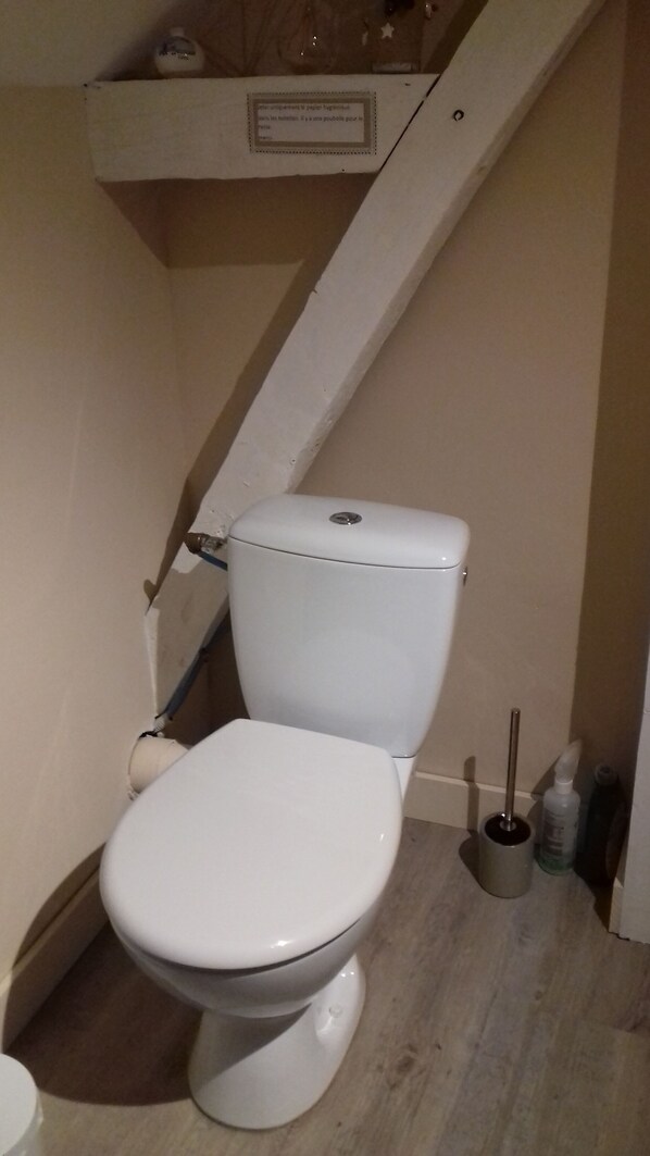 A white toilet in a small bathroom with a wooden floor.