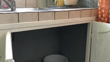 Microwave, coffee/tea maker, cookware/dishes/utensils, paper towels