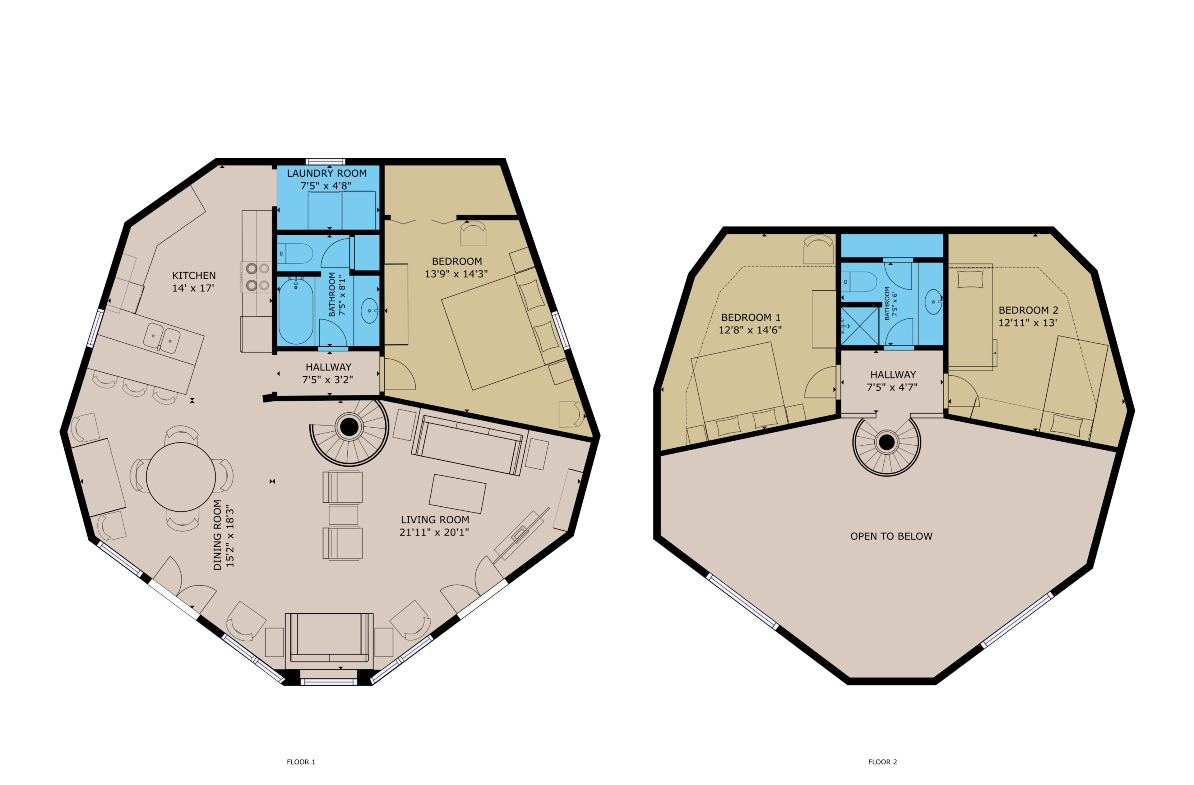 Deux plans d’étage octogonaux d’un hôtel, avec indication des différentes pièces, notamment une salle à manger, un salon, une cuisine, une salle de bain et des chambres.