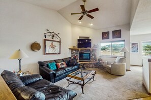 TV, fireplace, DVD player, video library