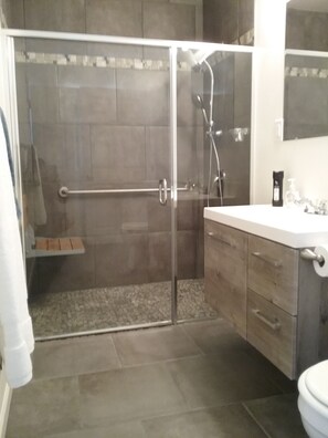 Combined shower/bathtub, hair dryer, towels, soap