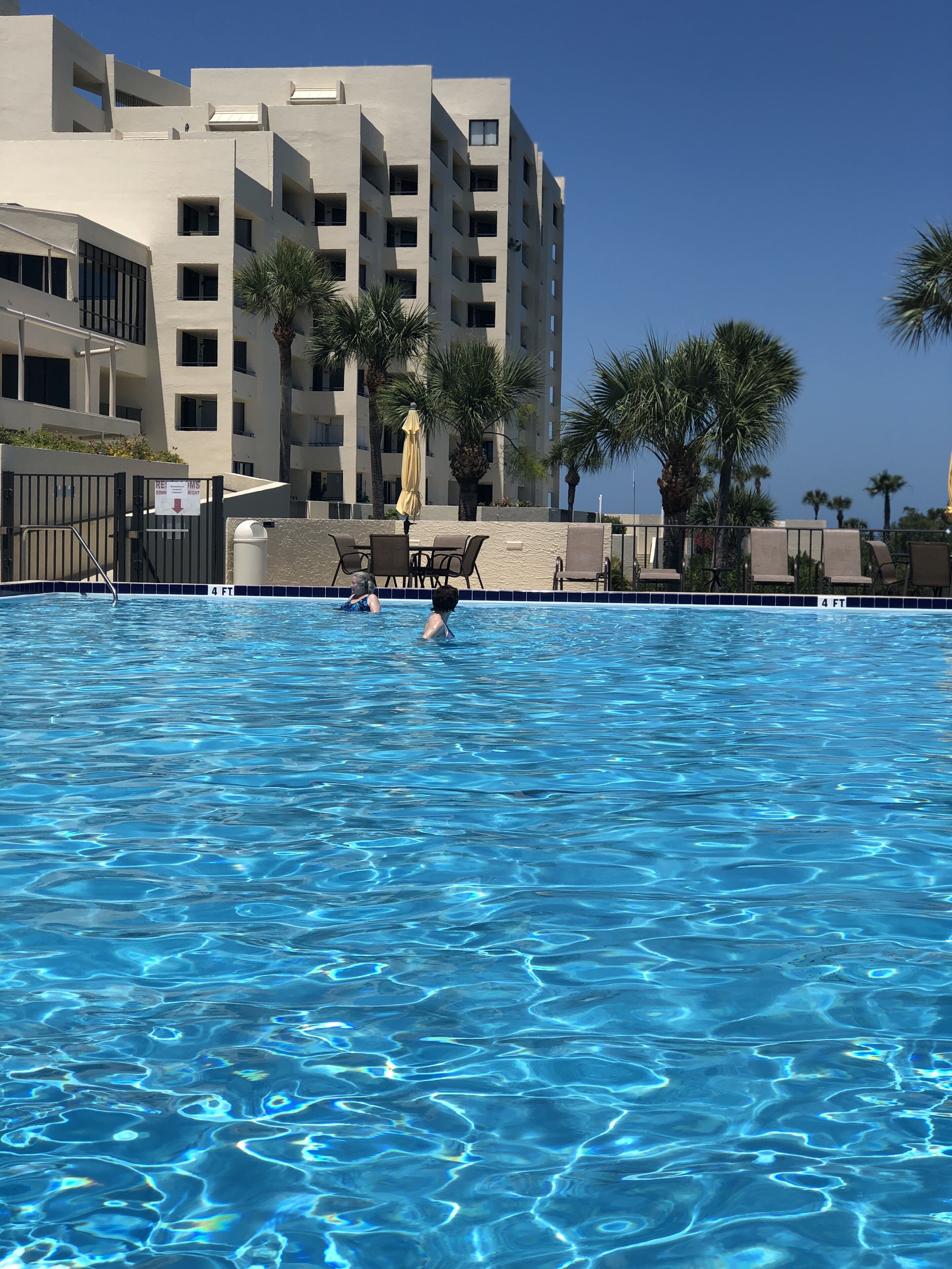 Une piscine à l’eau d’un bleu cristallin, entourée de chaises longues et de palmiers.