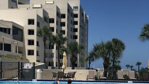 A swimming pool with clear blue water, surrounded by lounge chairs and palm trees. - Paradise Island (Hudson)