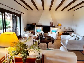 Smart TV, caminetto, lettore DVD, libri