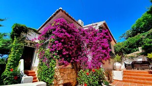 A traditional building with a stone facade, a tiled entrance, and a staircase leading up to the entrance. - Luxurious Villa Tosalet area with panoramic sea views (Jávea)