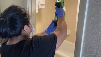 Hair dryer, towels, soap, shampoo